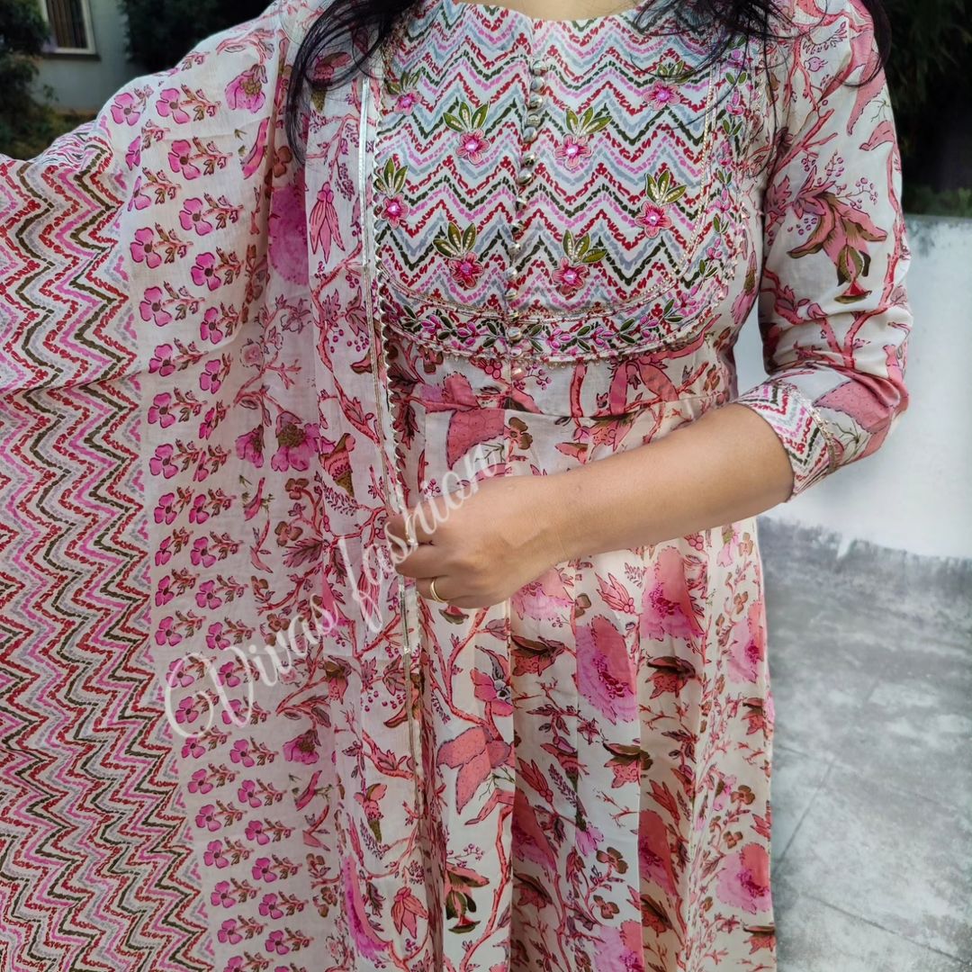 MT Designer Printed Anarkali Cotton Kurti With Bottom Dupatta Wholesale Price In Surat
